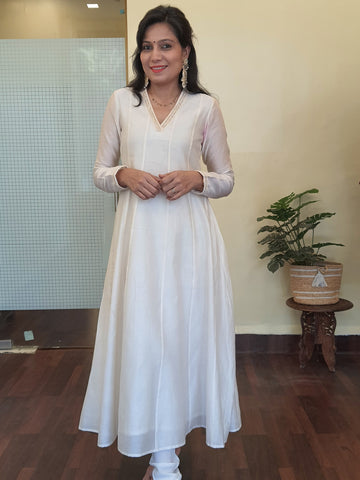 Woven Chanderi Anarkali- Off White