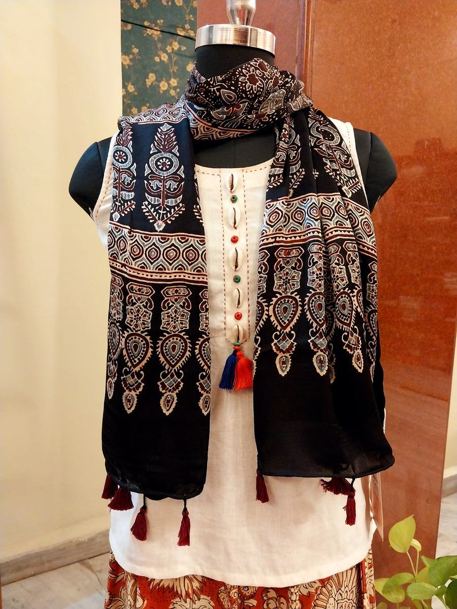 Ajrakh Print Modal Silk Stole From Bengal - Maroon - ArtisanSoul