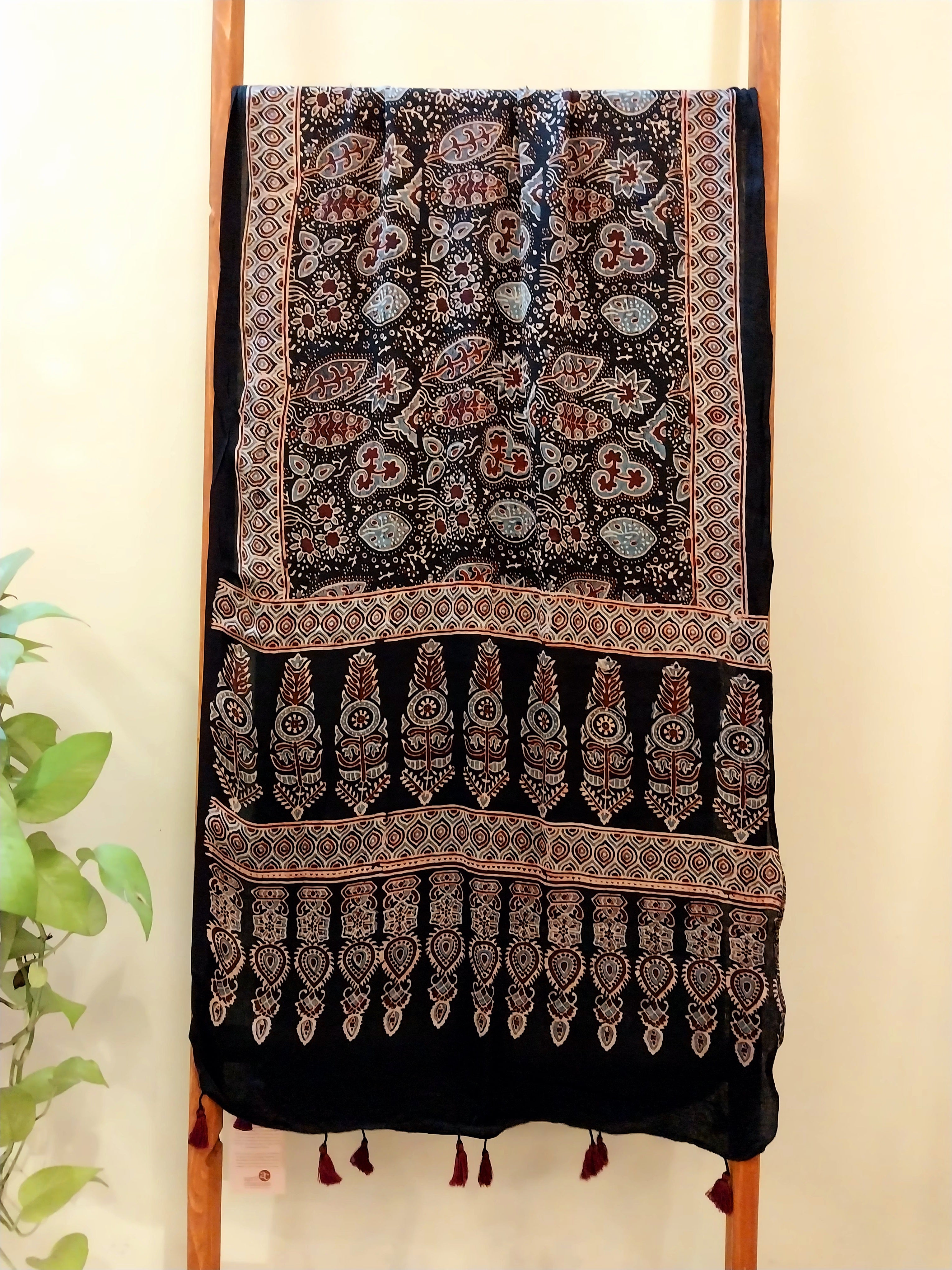 Ajrakh Print Modal Silk Stole From Bengal - Violet - ArtisanSoul