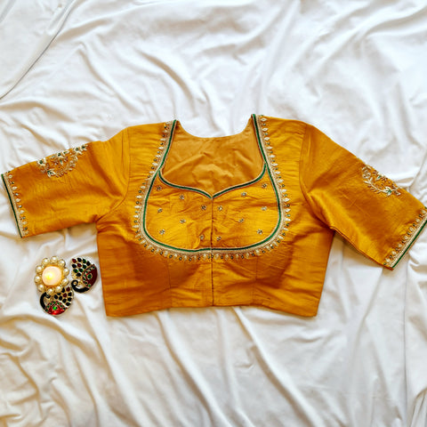 "Sunahara Dhaaga" Pure Raw Silk Embroiderd Yellow Green Blouse