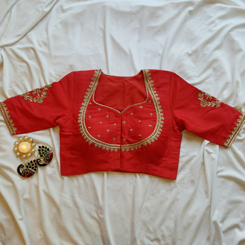 "Sunahara Dhaaga" Pure Raw Silk Embroiderd Red Blouse