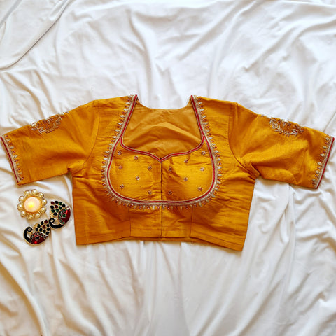 "Sunahara Dhaaga" Pure Raw Silk Embroiderd Yellow Red Blouse