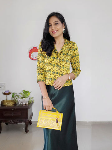 Shine On'-Mashroo Silk Ajrakh Skirt Top Set Yellow