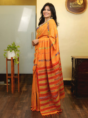 Woven Khesh Cotton Kantha Work Saree - Orange