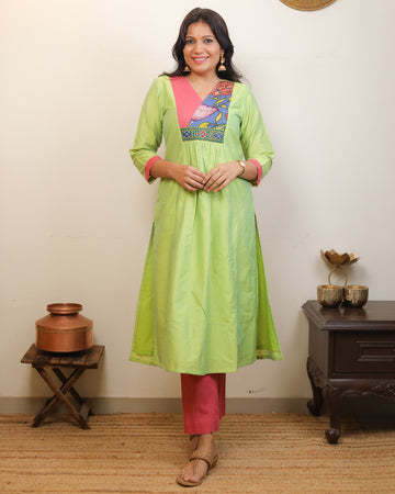 Leela-Kalamkari Patch Work Kurti Green