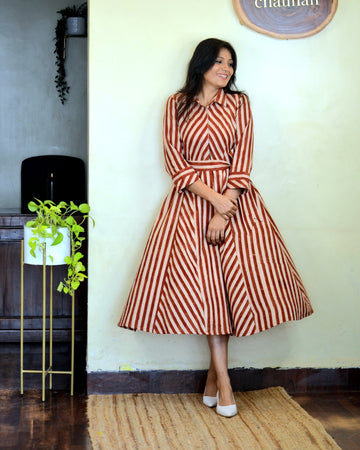Dots n Matrix-Ajrakh Striped Dress Rust