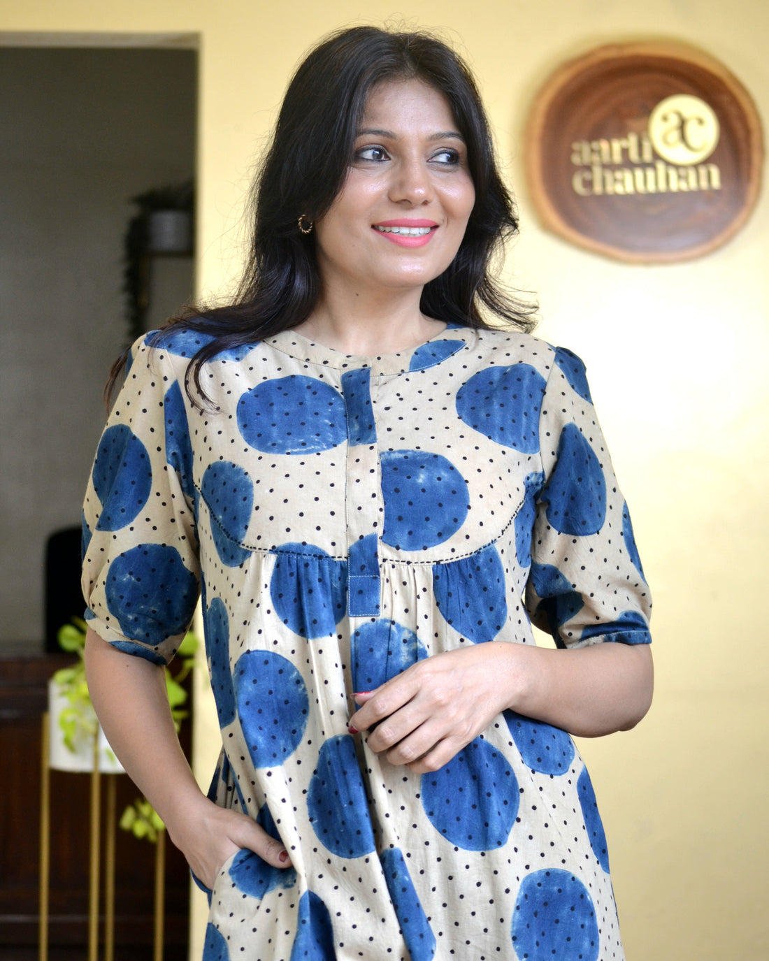 Dots n Matrix-Ajrakh Polka Kurti Indigo