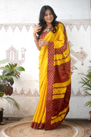 Mul Cotton Hand Embroidered Saree Yellow rust1