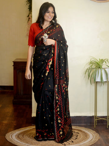 Cotton Jamdani Saree red-black