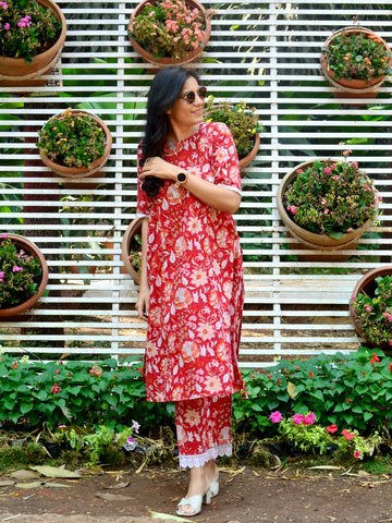 'Basant Bahar'-Block Printed Cotton Coords Red