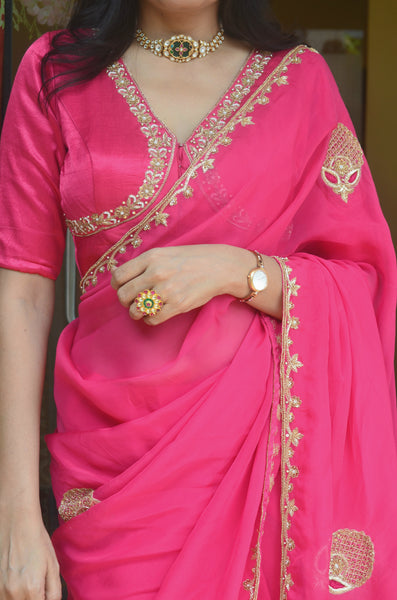 "Shringar" - Hand Embroidered Mashroo Silk Blouse Pink