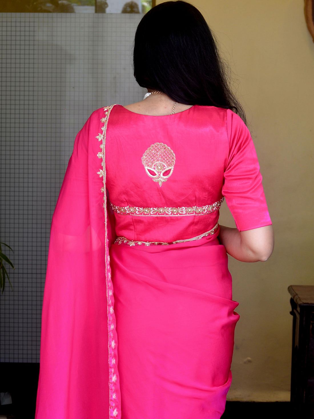 "Shringar" - Hand Embroidered Mashroo Silk Blouse Pink