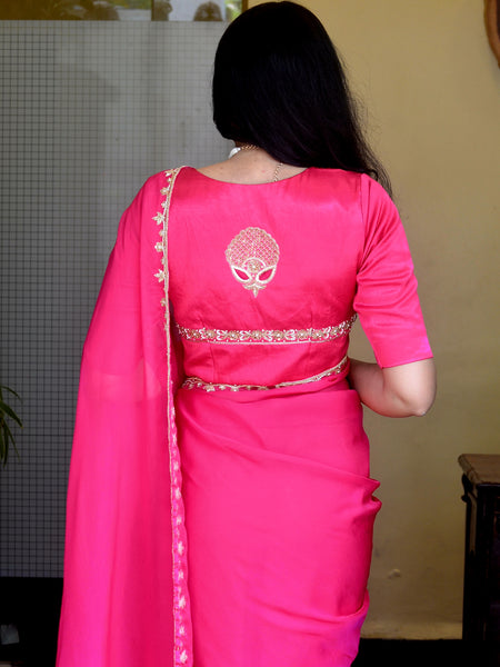 "Shringar" - Hand Embroidered Organza Silk Sarees Pink
