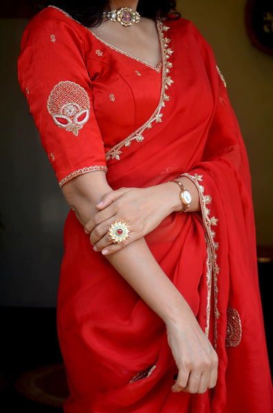 "Shringar" - Hand Embroidered Organza Silk Sarees Red