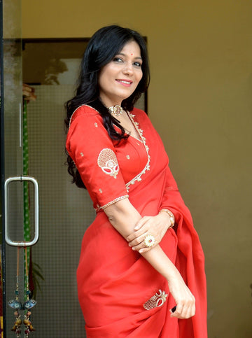 "Shringar" - Hand Embroidered Mashroo Silk Blouse Red