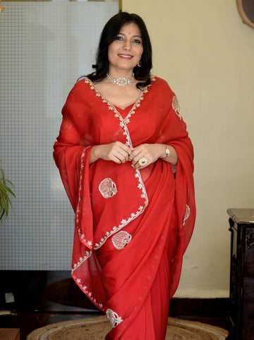 "Shringar" - Hand Embroidered Organza Silk Sarees Red