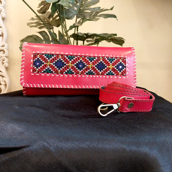 Embroiderd Leather sling Wallet - Red