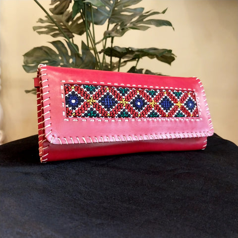 Embroiderd Leather sling Wallet - Red