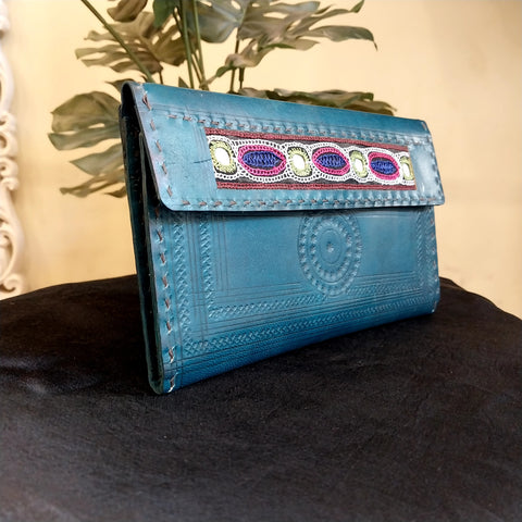Leather Wallet With Punch and Embroidery WorK -Green
