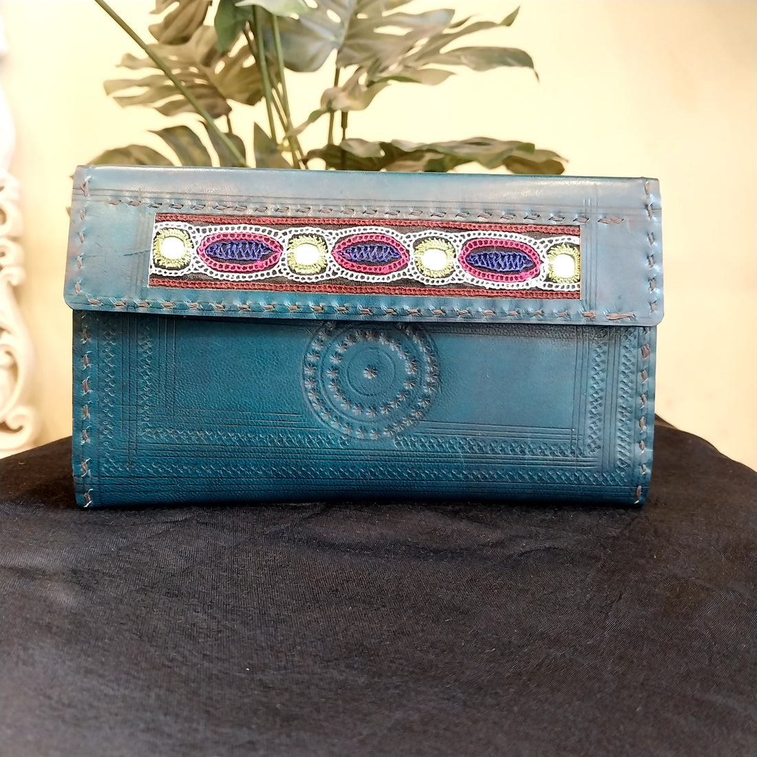 Leather Wallet With Punch and Embroidery WorK -Green