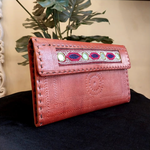 Leather Wallet With Punch and Embroidery WorK -Brown