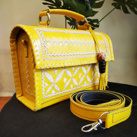 Leather Embroidered hand embroiderd hand bag - Yellow