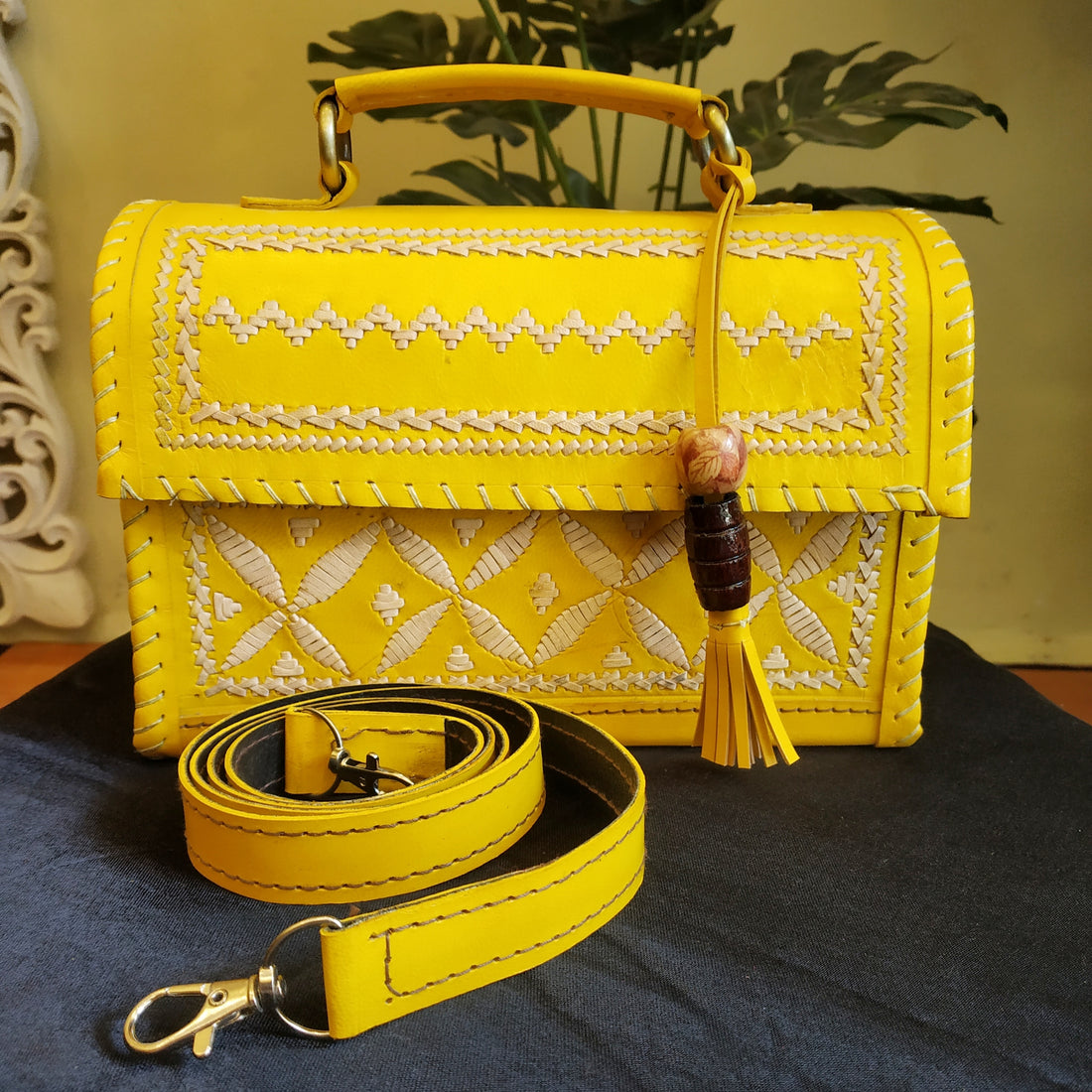 Leather Embroidered hand embroiderd hand bag - Yellow