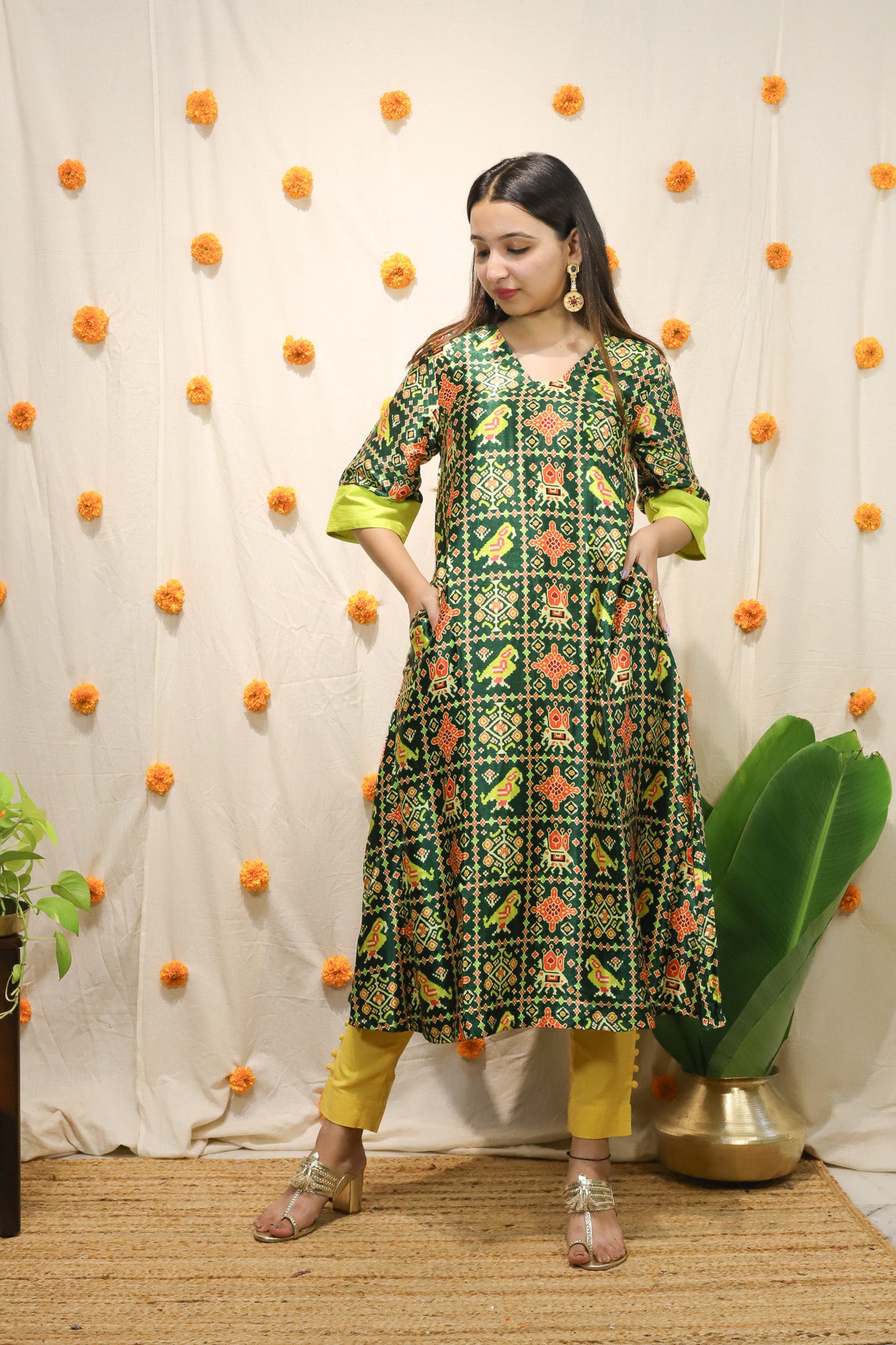Rang Patola' Mashroo Silk Kurti Green