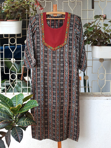 'Bohemian Dream" - Modal Silk Embroidered Patch Work Kurti Black 1