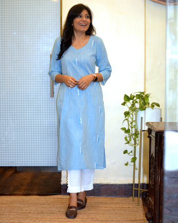 Dastakari-Cotton Hand Embroidered Kurti Blue