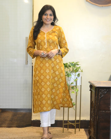 Cotton Printed Kantha Cotton Kurti - Brown
