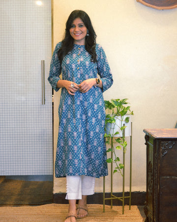 Cotton Printed Kantha Cotton Kurti - Teal