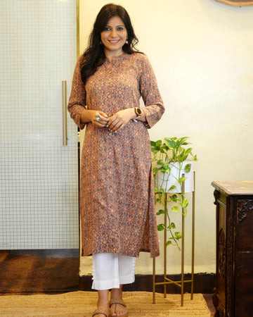 Cotton Printed Kantha Cotton Kurti - Ajrakh Brown