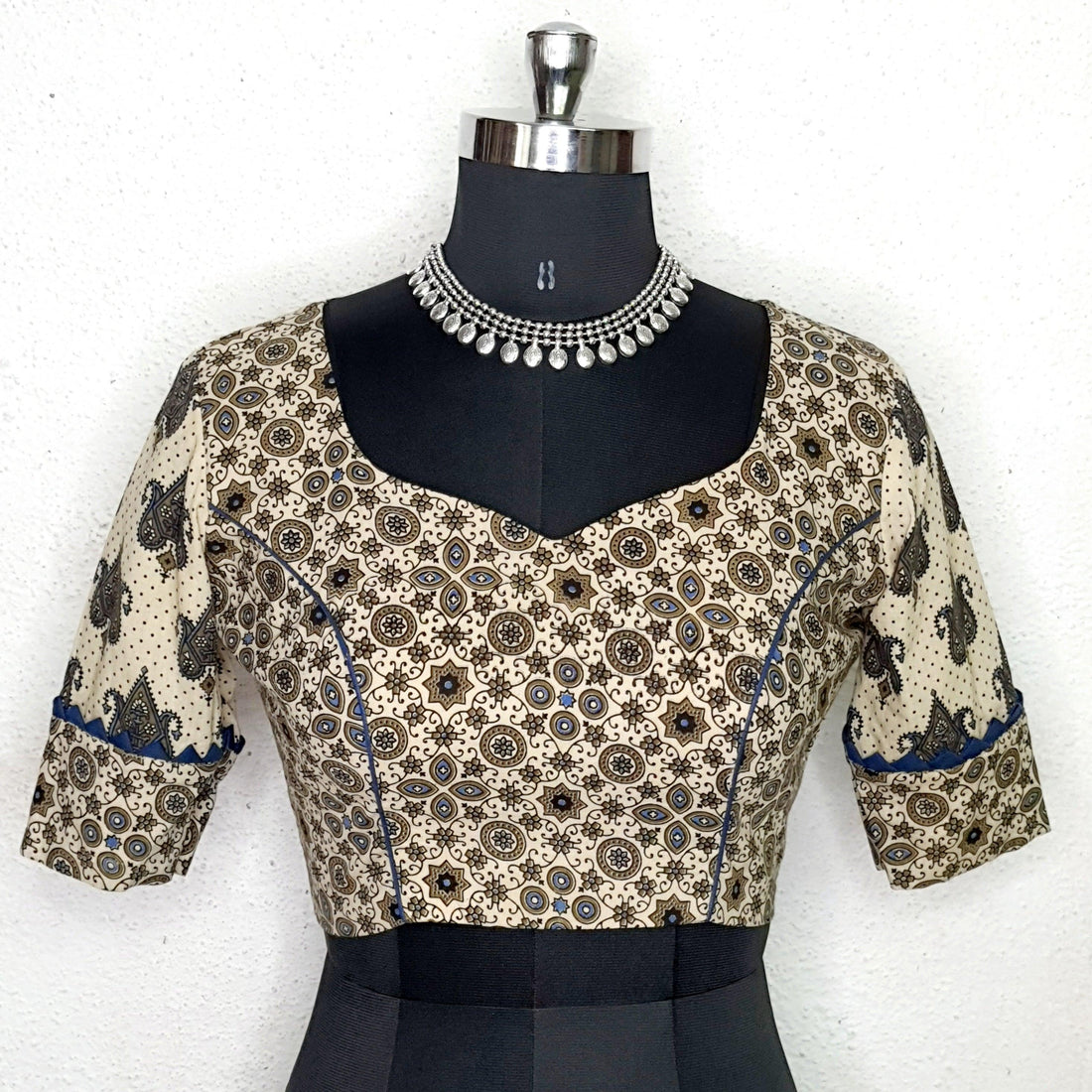 "Naina"- Ajrakh Handblocked Printed Blouse Beige - Label Aarti Chauhan