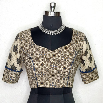 "Naina"- Ajrakh Handblocked Printed Blouse Beige - Label Aarti Chauhan