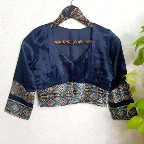 "Aesthetic Ajrakh"- Ajrakh Mashroo Silk Patch work blouse Blouse Indigo - Label Aarti Chauhan