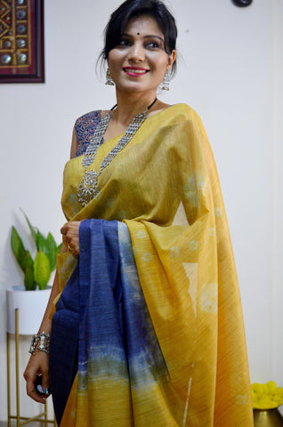 Tusser Linen Tie and Dye Saree-Blue - Label Aarti Chauhan