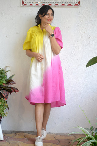 'Kinara'-Yellow Pink Tie-dye Drees