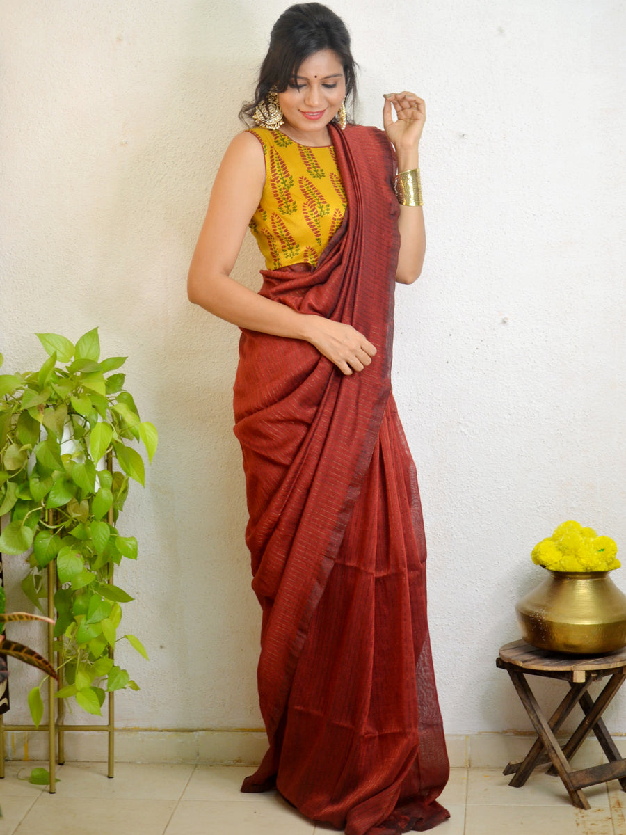 "Sitara" Handloom Khaadi Golden Striped SareeMaroon Label Aarti Chauhan