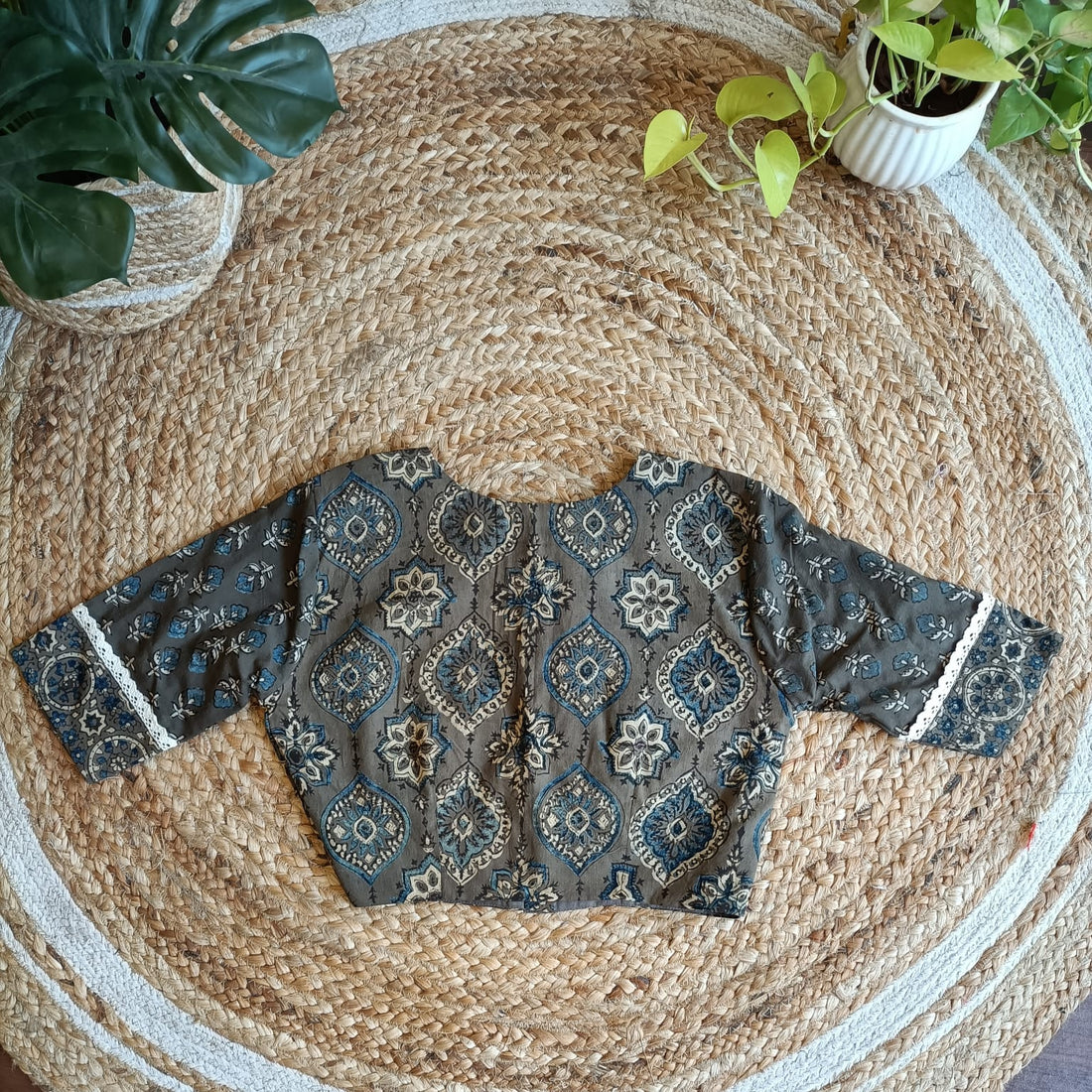 "Naina"-Ajrakh Cotton Handblocked Printed Blouse Grey