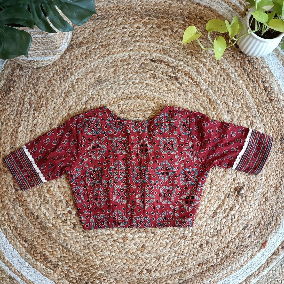 "Naina"-Ajrakh Cotton Handblocked Printed Blouse Rust