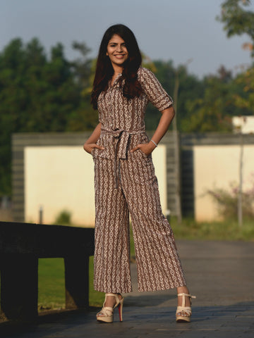 Brown Block Printed Shirt Style Jumpsuit - Label Aarti Chauhan
