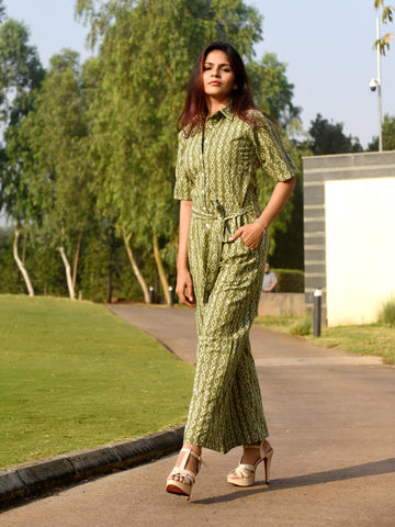Green Block Printed Shirt Style Jumpsuit - Label Aarti Chauhan