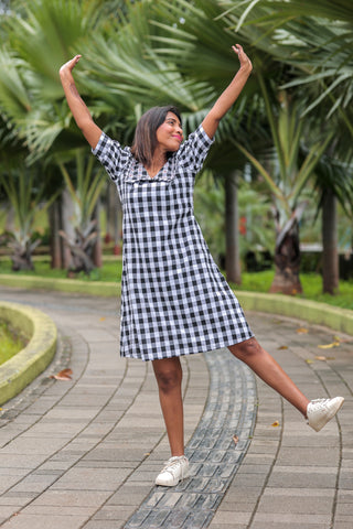 Handloom Ikkat Checkered Dress-Black