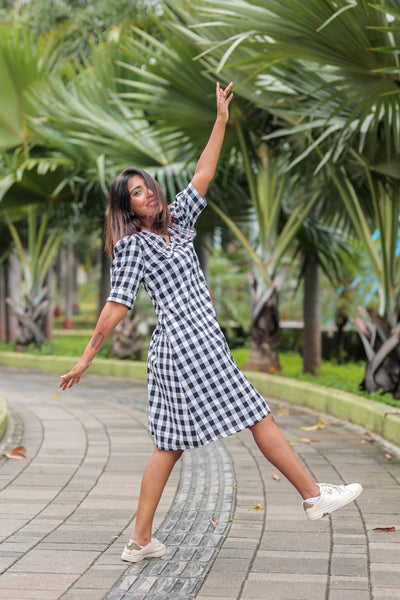 Handloom Ikkat Checkered Dress-Black