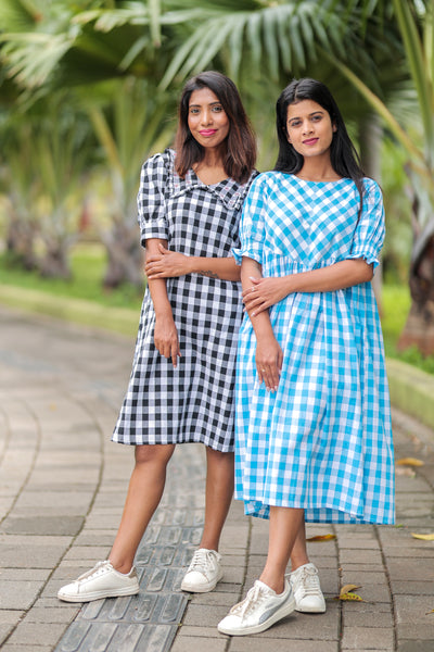 Handloom Ikkat Checkered Dress-Blue