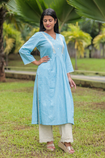 'Dastkari' Cotton Embroidered Kurti Denim Blue