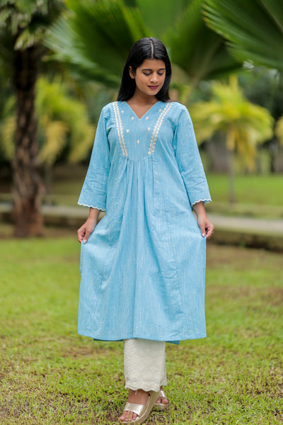 'Dastkari' Cotton Embroidered Kurti Denim Blue