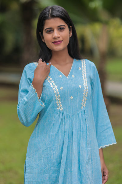 'Dastkari' Cotton Embroidered Kurti Denim Blue