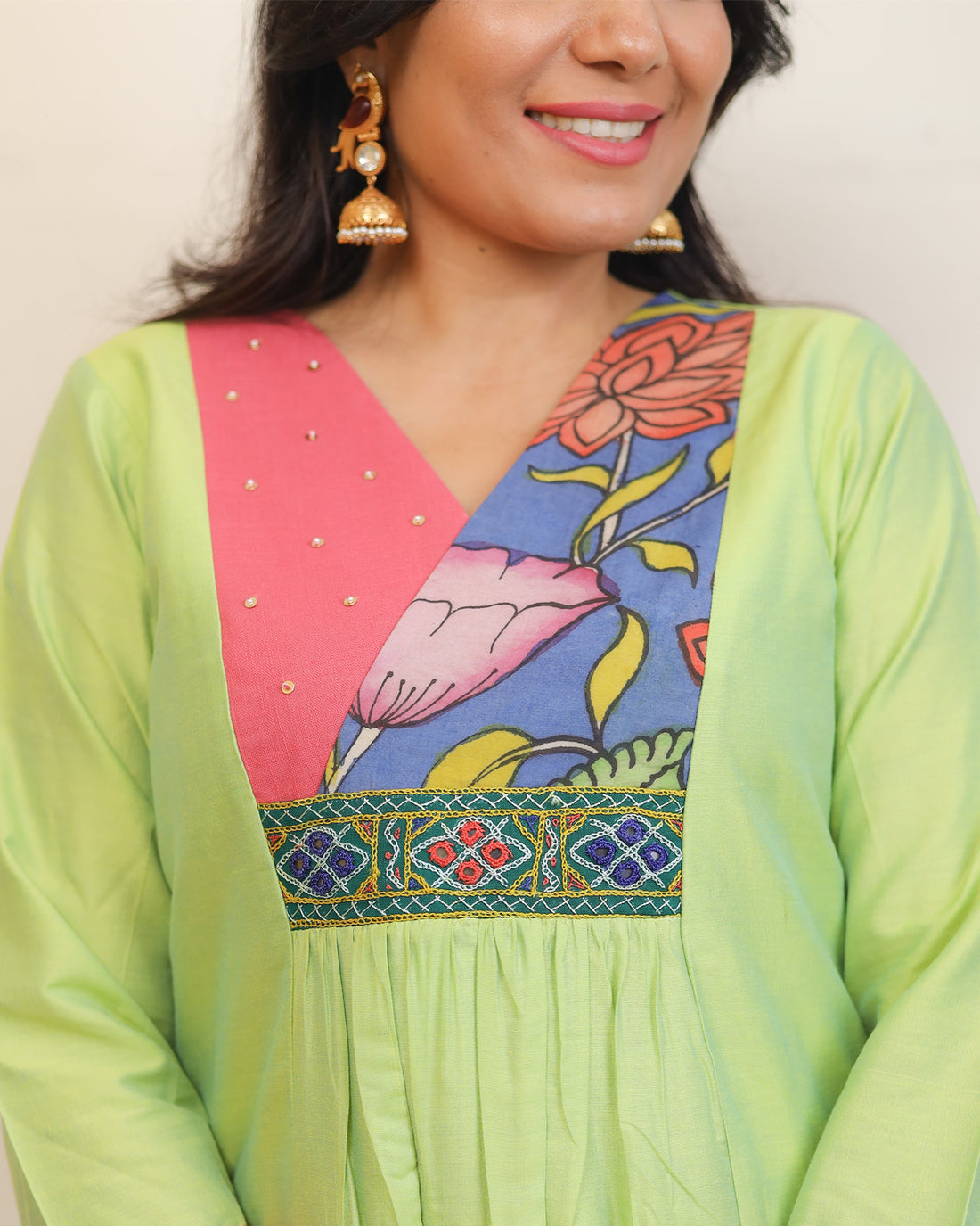 Leela-Kalamkari Patch Work Kurti Green